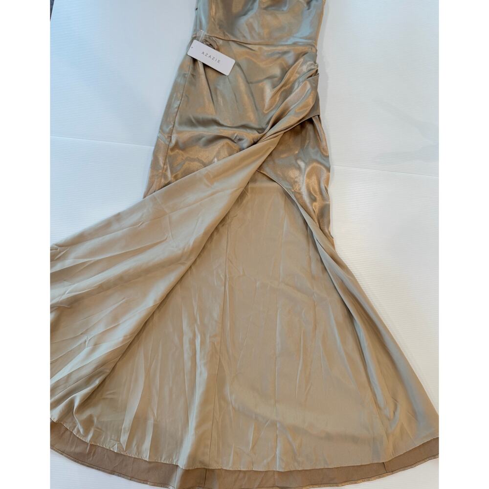 Azazie Leonis Champagne Gold Metallic Satin Mermaid Gown NWT A8 Formal Evening - Picture 6 of 16